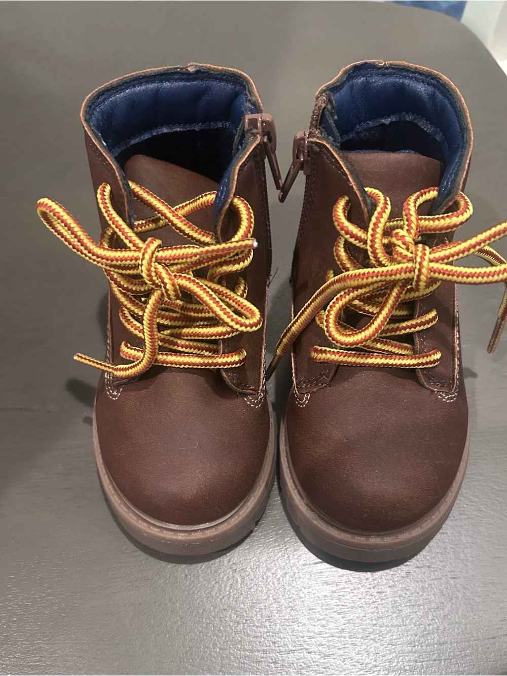 Kids Brown Leather-Look Lace-Up Boots with Yellow-Red Laces